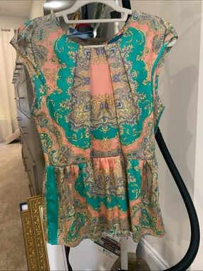 Pim + Larkin Coral & Teal Paisley Peplum Shell